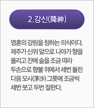 강신(降神):영혼의 강림을 청하는 의식이다. 제주가 신위 앞으로 나아가 향을 올리고 잔에 술을 조금 따라 두손으로 향불 위에서 세번 돌린 다음 모사(茅沙) 그릇에 조금씩 세번 붓고 두번 절한다.