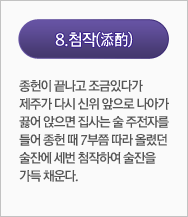 첨작(添酌):종헌이 끝나고 조금 있다가 제주가 다시 신위 앞으로 나아가 꿇어 앉으면 집사는 술 주전자를 들어 종헌 때 7부쯤 따라 올렸던 술잔에 세 번 첨작하여 술잔을 가득 채운다. 